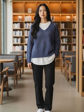 Sumi Openwork V-Neck Sweater in Slate Blue